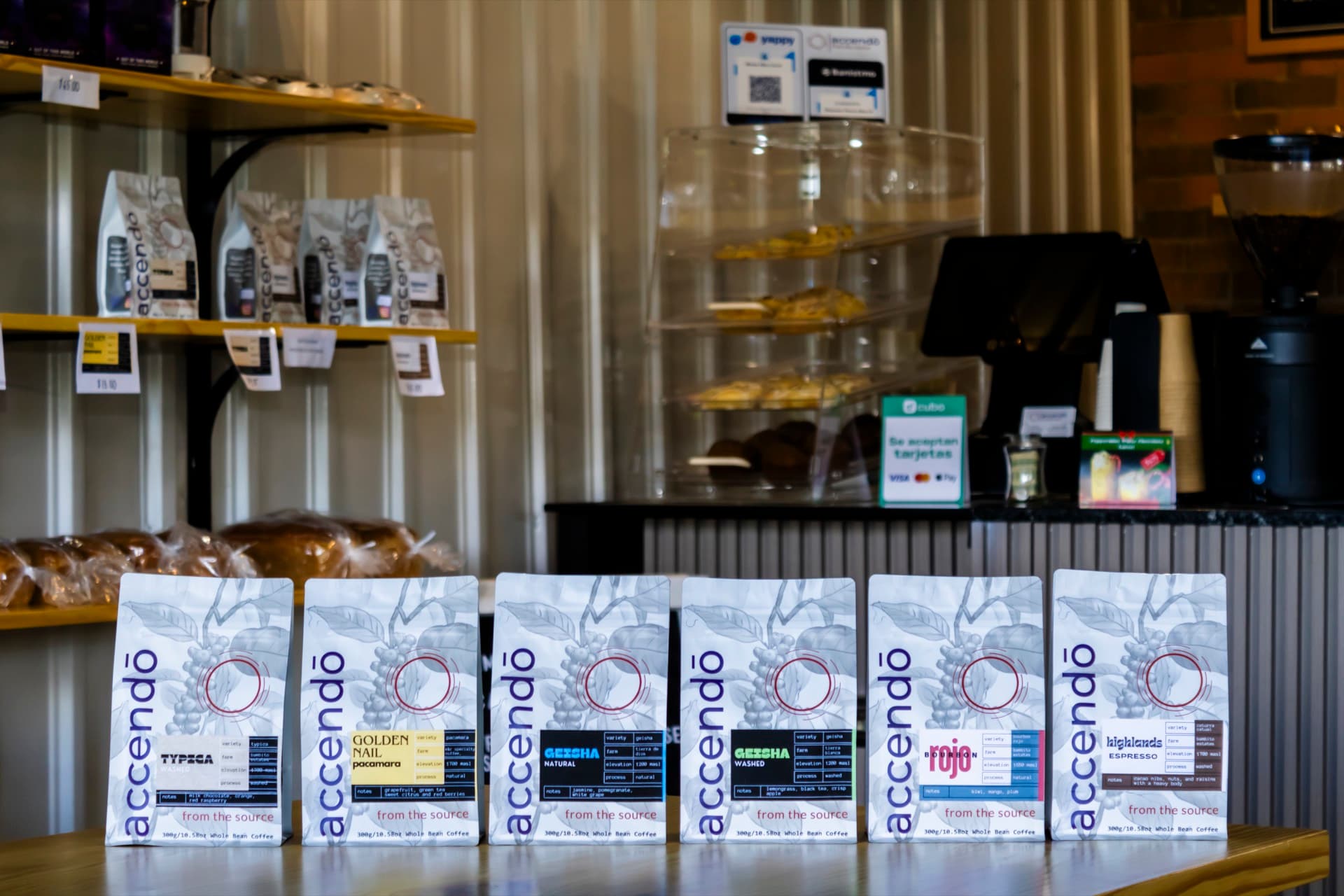 Packaged accendo coffee bags on display